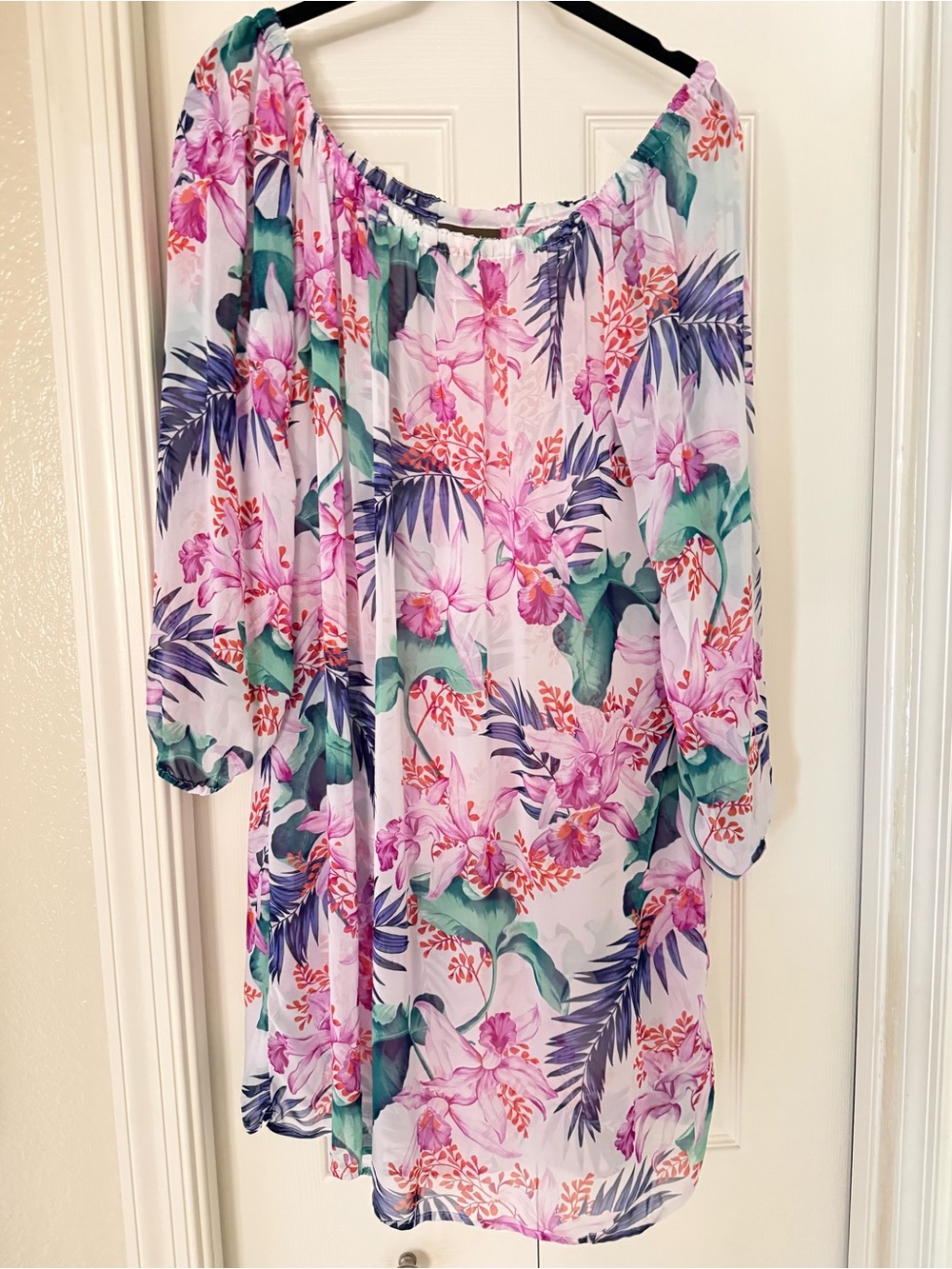 Tommy Bahama Off-Shoulder Sheer Dress/Cover Up in Pink, Navy & Green Print